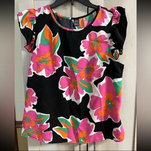 Clasi Floral Print Ruffle Trim Blouse-Size Large-Black W/ Pink Flowers - SHEIN